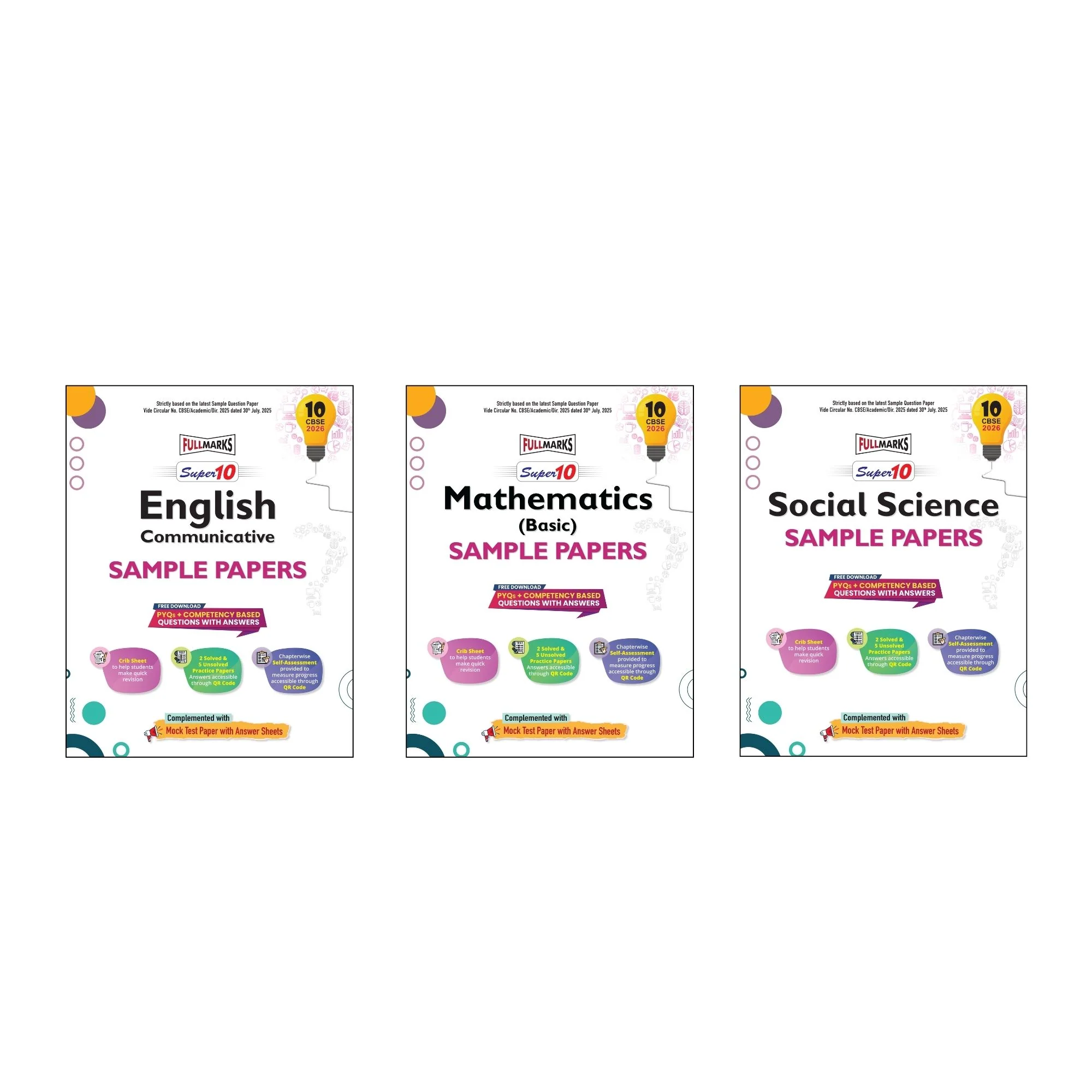 Full Marks Super 10 Sample Paper Combo of 3 for Class 10 – English Communicative + Mathematics Basic + Social Science | Latest Sample Papers for CBSE 2026 Exam