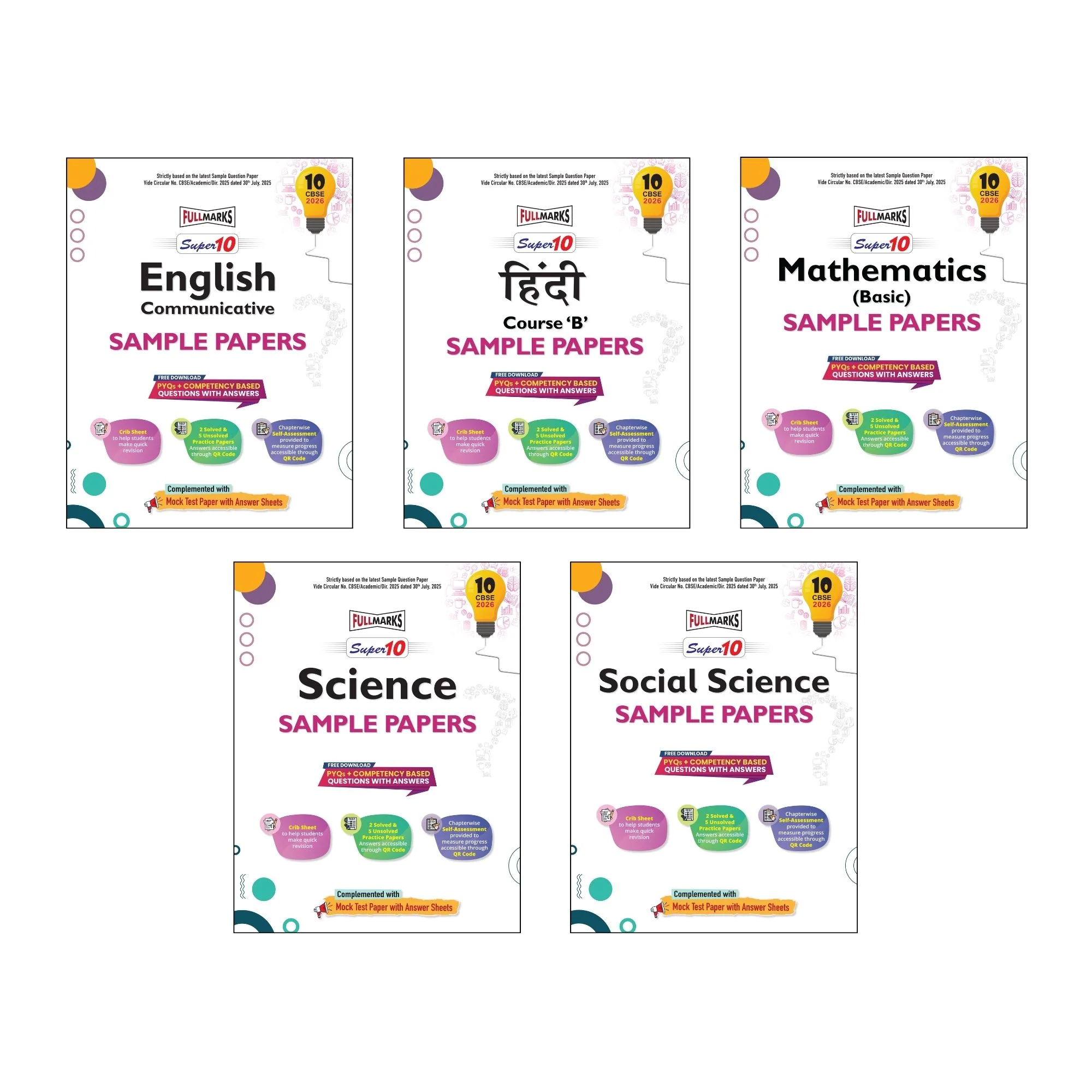 Full Marks Super 10 Sample Paper Combo of 5 for Class 10 – English Communicative + Hindi B + Mathematics Basic + Science + Social Science | Latest Sample Papers for CBSE 2026 Exam