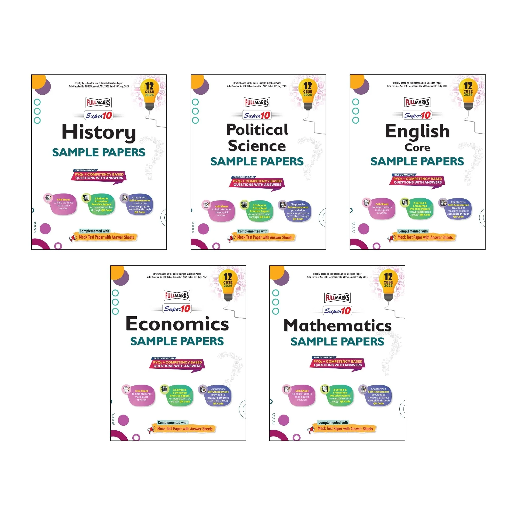 Full Marks Super 10 Sample Paper Combo of 5 for Class 12 – History + Political Science + English Core + Economics + Mathematics | Latest Sample Papers for CBSE 2026 Exam