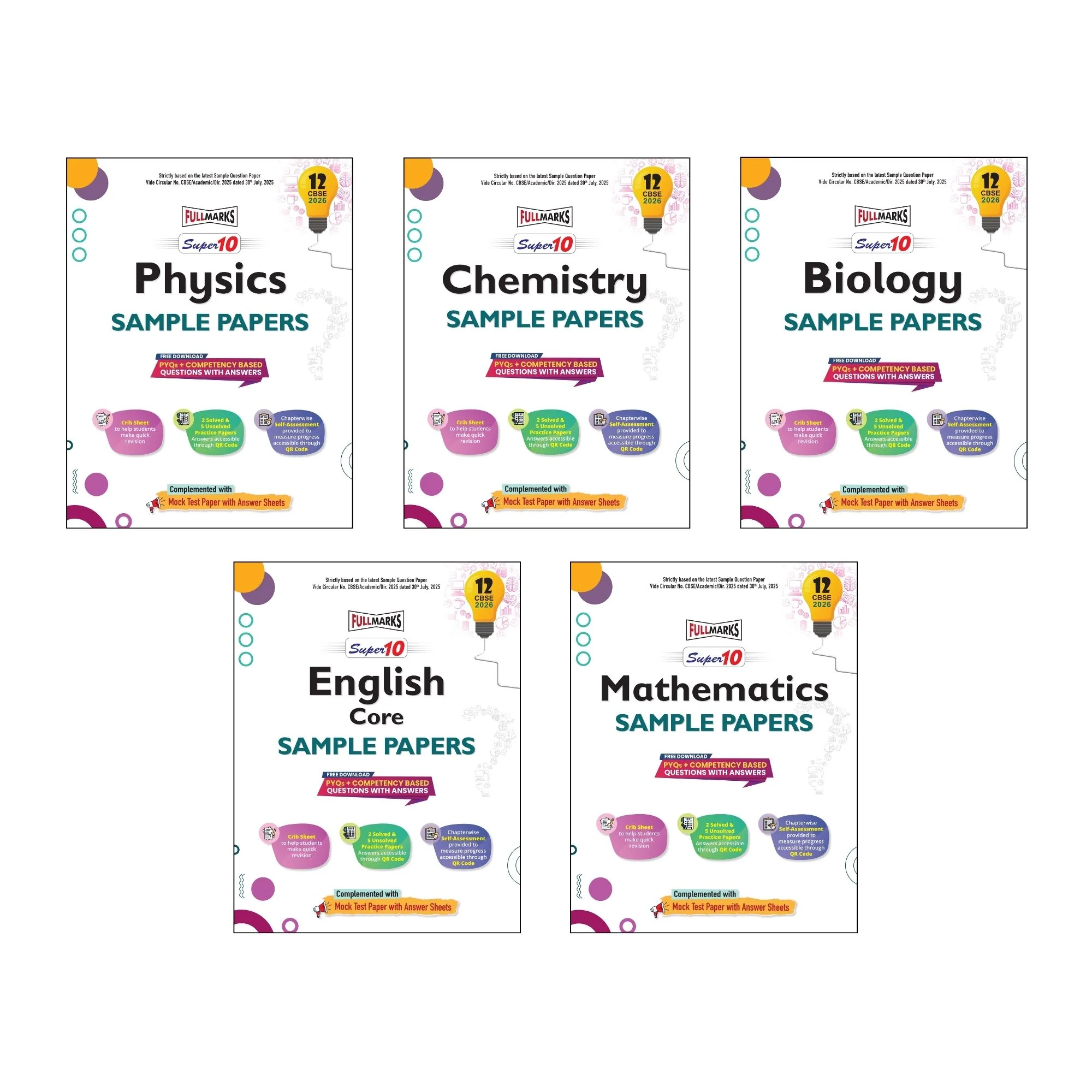 Full Marks Super 10 Sample Paper Combo of 5 for Class 12 – Physics + Chemistry + Biology + English Core + Mathematics | Latest Sample Papers for CBSE 2026 Exam