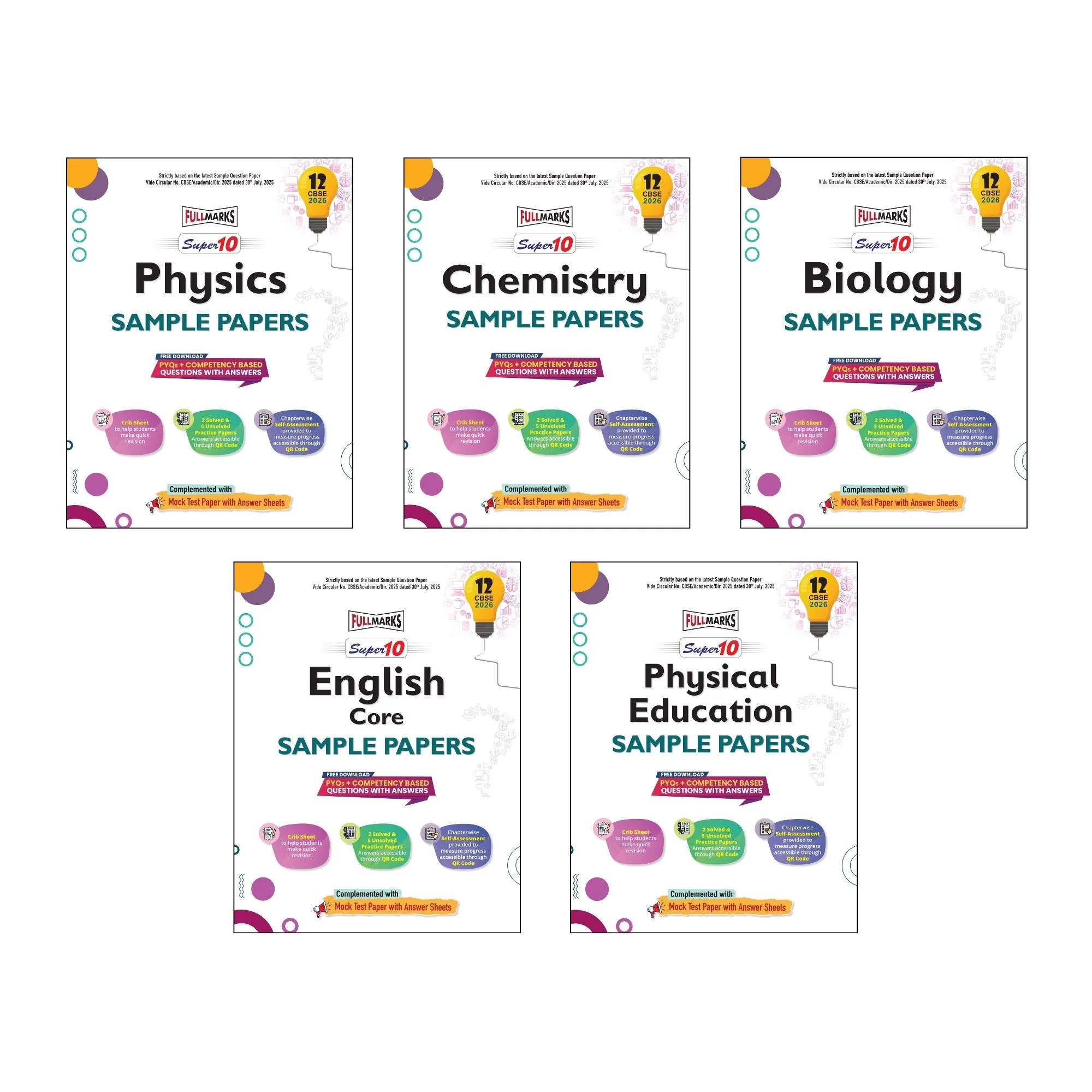 Full Marks Super 10 Sample Paper Combo of 5 for Class 12 – Physics + Chemistry + Biology + English Core + Physical Education | Latest Sample Papers for CBSE 2026 Exam